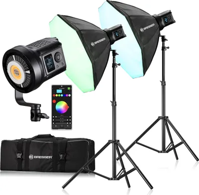 Produktbild von Bresser LED Studioleuchten Set 2x 135W RGB mit Softbox App-Steuerung & Bowens für Foto & Video