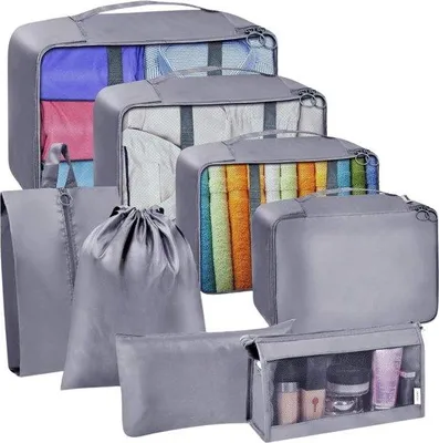 Produktbild von Famanu Packwürfel für Koffer - 8 Stück - wasserfeste Reisetaschen Organizer - Grau