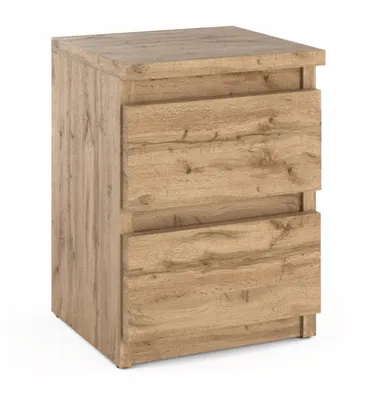 A wooden nightstand with two drawers against a white background.