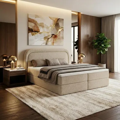 Produktbild von Boxspringbett BONITO 180x200 mit Bettkasten inkl. Matratze H3 und Topper Polsterbett Doppelbett Bouclé-Stoff MONTE Taupe