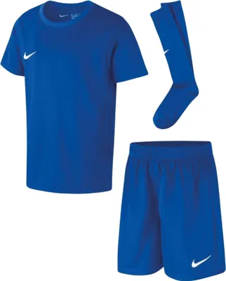A blue Nike soccer uniform set including a t-shirt, shorts, and socks, laid out against a white background.