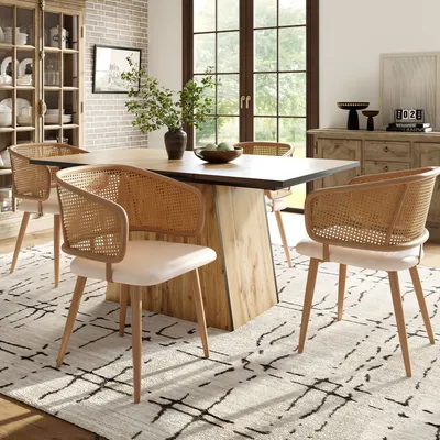 Produktbild von Flieks Esszimmerstühle 4er-Set, Stuhl mit Rattan-Rückenlehne, Sitzkissen aus Samt, für Küchen Wohnzimmer Cafés, beige