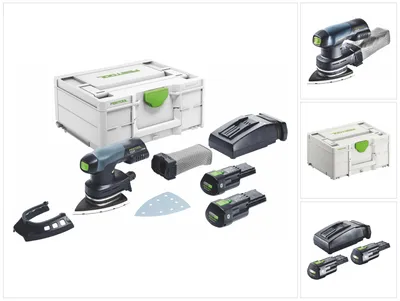 A collage of images showing a Festool cordless orbital sander and its accessories, including a storage case, batteries, and dust collector.
