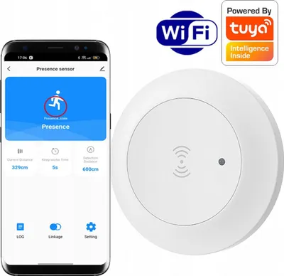 A smartphone displaying a presence sensor app next to the actual presence sensor device, with Wi-Fi and Tuya logos.