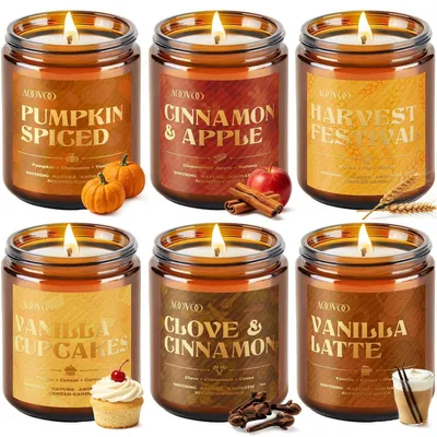 Immagine prodotto di Set regalo di 6 candele profumate in vetro, realizzate con cera di soia, con fragranze autunnali. Peso totale: 42 once. Durata di combustione: 300 ore