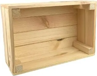 An empty wooden crate is shown from an angled perspective.