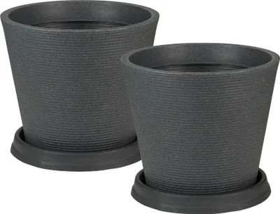Produktbild von Scheurich 2er Set Blumentöpfe Coneo 40 mit Untersetzern, rund, aus Kunststoff Farbe: Schwarz-Granit, 38,5 cm Durchmesser, 33,2 cm hoch, 26 l Vol.