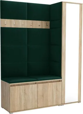 Produktbild von Garderoben-Set Noris VII mit Spiegel, gepolsterte Garderobe 145 cm, Flurmöbel mit Wandpaneelen, Schuhtruhen und Stauraum (Farbe: Sonoma Eiche+ Trinity 28)