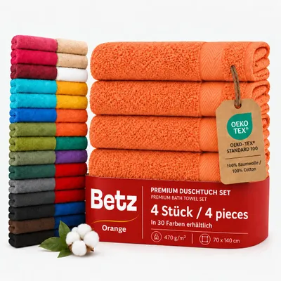 Produktbild von Betz 4 Stück Duschtücher 70 x 140 cm PREMIUM 100% Baumwolle Liegetuch Strandtuch   Farbe: orange, KI-generiertes Bild