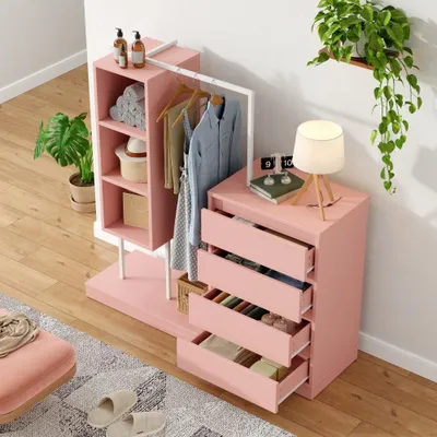 Produktbild von Kleiderschrank-Set , mit Schubladen & Kleiderstange, Sideboard, B140xW40xH135 cm, Rosa