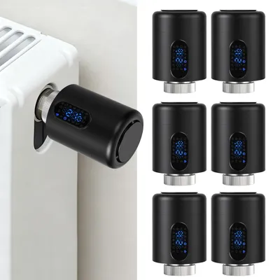 Zdjęcie produktu dla Inteligentny termostat do grzejników WiFi, sterowanie za pomocą aplikacji, kompatybilny z systemami Smart Life/Tuya, 7 adapterów do wentyli na termostat, kolor czarny, zestaw 6 sztuk