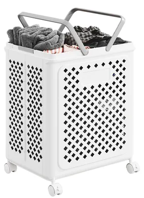 Klappbarer Wäschekorb mit Rollen, Kunststoff, 50 Liter, weiß