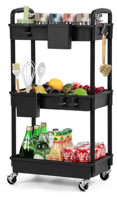 Zdjęcie produktu dla Wózek na kółkach z 3 półkami, wykonany z tworzywa sztucznego, czarny, wymiary: 38x27x74 cm