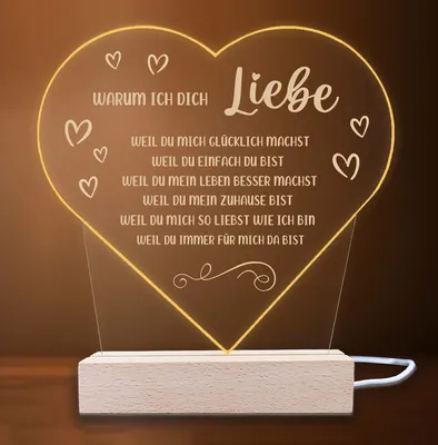 Produktbild von INDIGOS UG - LED Nachttischlampe - Herz - Spruch 12 - Valentinstag - Herz mit Spruch - Nachtlicht - 3D-LED-Lampe - Weihnachten, Geburtstag - Geschenk für Freund, Freundin, Familie - Liebe
