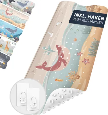 Produktbild von Rutschfeste Badmatte für Kinder - 100% BPA-frei - Schimmelresistent - Inklusive 2 Aufhänghaken - Ideal für empfindliche Kinderhaut - Maschinenwaschbar
