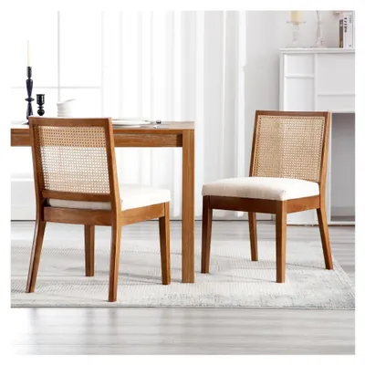 Produktbild von Esszimmerstühle 2er Set mit Rattan Rückenlehne, Leinen Sitzfläche und Massivholzrahmen, Beige