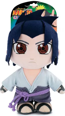 A plush toy of the anime character Sasuke Uchiha from Naruto Shippuden, displayed on a white background with packaging visible at the top.
