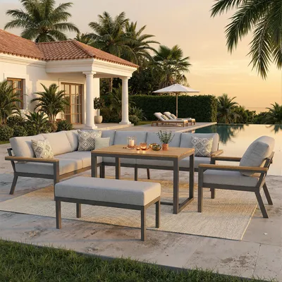 Produktbild von L-förmiges Gartensofa-Set für 8 Personen – Terrassenmöbel aus Eisen, mit Holztisch, Bank & Sessel, wetterfeste Eckgarnitur, graue Polster, Grau