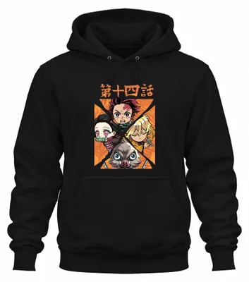 Productafbeelding van Kimetsu no Yaiba Tanjiro, Nezuko, Zenitsu, Inosuke, Chibi - Geschenk, uni hoodie, zwart, XXL