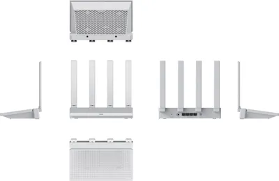 Multiple views of a white router are displayed against a white background.