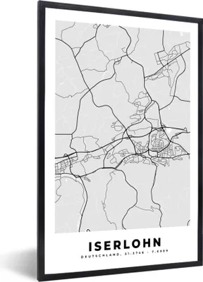 Produktbild von MuchoWow® Gerahmtes Poster Karte - Deutschland - Iserlohn - Karte - Stadtplan 20x30 cm - Poster mit Schwarzem Bilderrahmen Wandposter Rahmen Foto Bilder - Drucken - Bilder Poster im Rahmen