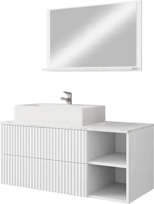 Produktbild von MIRJAN24 Badmöbel Kertos Rillen I, 3er-Set Badmöbel-Set, Spiegel, Waschbeckenschrank, Waschbecken, Fronten gefräst, Spihon (Farbe: Weiß / Weiß + Marmor Bianco)