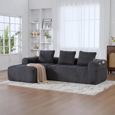 Produktbild von LVHOM Modulares Sofa mit Schlaffunktion, Ecksofa mit Cordbezug, 3 Sitzer mit Becherhalter, Schlafsofa ohne Montage, Loungesofa mit Seitentasche, Grau