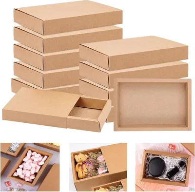 Produktbild von 12 Packung Kraftpapier Schubladenbox Geschenkbox Großbriefkartons Versandkartons 200*150*35mm Karton Geschenk Box Klein Geschenkschachtel für Gastgeschenke (Braun)