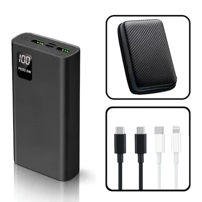 Produktbild von Powerbank 20000mAh 22,5W Batterie PD-Schnellladen USB-C USB-A - Carbon Schutzhülle - USB-C Kabel - Lightning Kabel - Komplettset 4 in 1