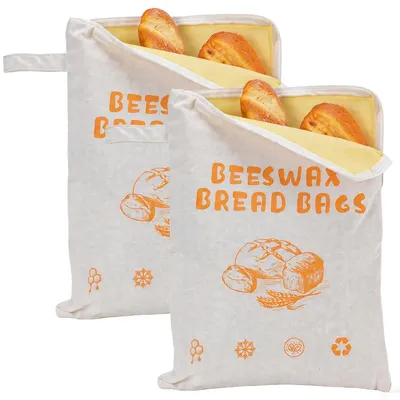 Produktbild von Brotbeutel 2er Set mit Bienenwachs, Baumwolle Leinen, wiederverwendbar & plastikfrei, extra groß, mit Reißverschluss, für Sauerteigbrot