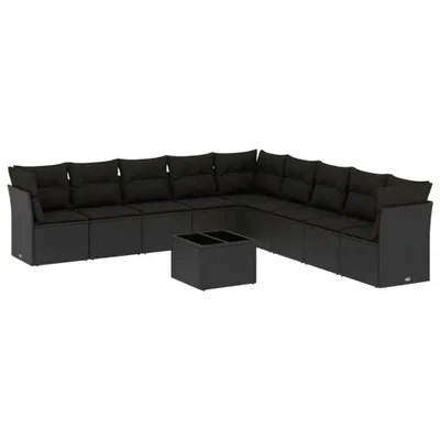 Produktbild von Gartenmöbel-Set 10-tlg., Modulare Sofagarnitur mit Glastisch, PE-Rattan Schwarz, Inkl. Kissen mit waschbaren Bezügen, UV-beständig