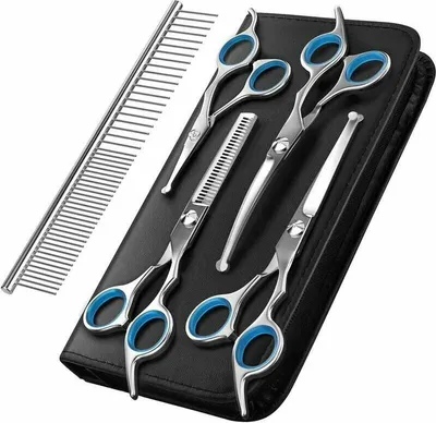 Produktbild von Fellpflegeschere für Hunde, 5-teiliges Tierpflegewerkzeugset aus titanbeschichtetem Edelstahl, Effilierschere/gerade/gebogene Schere und Kamm, blau