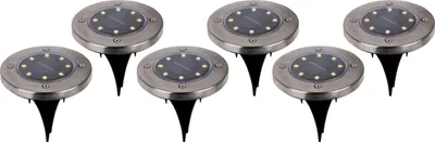 Produktbild von Näve Leuchten 6er-Set LED Solar-/Bodenerdspieß "KIAN" Ø: 12 cm 6er-Set LED Solar-/Bodenerdspieß "KIAN" Ø: 12 cm 6er-Set LED Solar-/Bodenerdspieß "KIAN" Ø: 12 cm, Lampe für den Außenbereich im Functional Style, aus Metall und Kunststoff in stahl-blank, 13 cm hoch, Ø 12 cm, LED Platine – mit Schiebeschalter – Dämmerungssensor