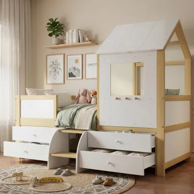 Produktbild von Flieks Hochbett 90x200cm mit 4 Schubladen, Kinderbett Etagenbett mit Leiter und Lattenrost, Hausbett Holzbett Einzelbett mit Rausfallschutz, Holzfarbe