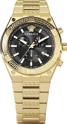 A close-up studio shot of a gold Versace men's chronograph watch.
