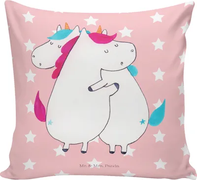 Produktbild von Mr. & Mrs. Panda kuschelkissen 40x40 Einhörner Umarmen - Rot Pastell - Geschenk, Sofa Kissen, zier, Freundin, Liebe, Unicorn, Couchkissen, Sofakissen, Familie, Einhorn