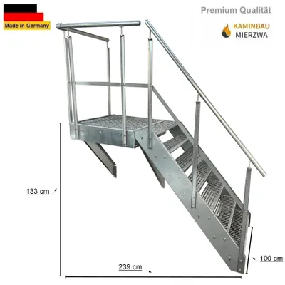 A metal staircase with handrails and platforms, shown against a white background with dimensions indicated by measurement lines and text.