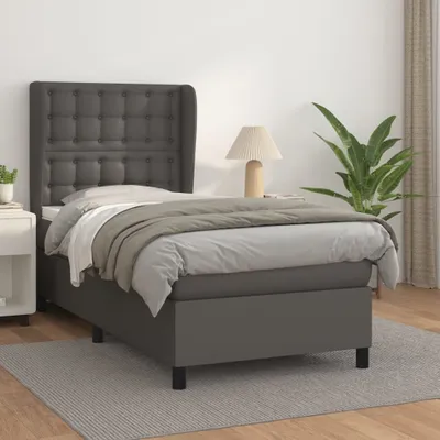 Produktbild von vidaXL Boxspringbett mit Matratze Grau 90x200 cm Kunstleder - Boxspringbett - Boxspringbetten - Bett - Schlafzimmermöbel
