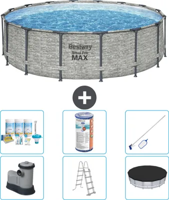 Produktbild von Bestway Round Steel Pro MAX Schwimmbad – Steindruck – 488 x 122 cm – inklusive Pumpe – Leiter – Abdeckung Wartungspaket - Filter - Reinigungskit