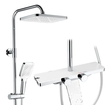A modern shower system with a rainfall showerhead, handheld showerhead, and a built-in shelf, displayed against a white background.