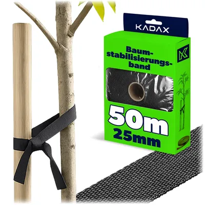 Produktbild von KADAX Baumbindeband 25mm x 50m, Bindeband zur sicheren Befestigung von Bäumen & Sträuchern, Baumbinder aus Polypropylen, Baumbefestigung, Pflanzenbinder (Schwarz)