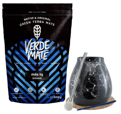 Produktbild von Verde Mate - Mate Tee Set Mas IQ 500g - Dicke Blätter 5mm - mit Ginseng & Ginkgo - Mate Becher Keramik Marmol Black 300ml - Bombilla