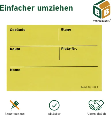 Produktbild von 500 x Umzugsetiketten (105 x 75 mm) gelb selbstklebend Rückstandlos ablösbar Kartonaufkleber Sticker Umzugsaufkleber beschriften BB-Verpackungen