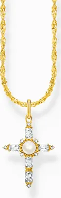 A gold necklace with a cross pendant featuring a pearl and clear stones, displayed on a white background.