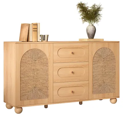 Productafbeelding van Moonbite dressoir, 140 cm, met gebogen touwstructuur, buffetkast met 2 deuren en 3 lades, beukenhouten bolvoeten, MDF-plaat en spaanplaat, naturel