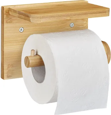 Immagine prodotto di Portarotolo da bagno con ripiano – Porta telefono e salviette umidificate – Portarotolo in bambù – Dimensioni: 12x16x10,36 cm – Colore naturale