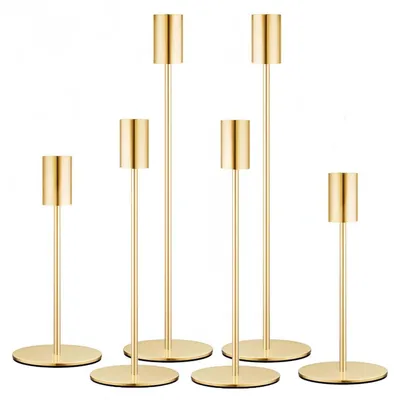 Immagine prodotto di Elzusha - Set di 6 candelabri in metallo, in 3 altezze diverse, color oro, per candele da tavola