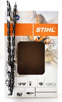 A Stihl chainsaw chain is shown in front of its packaging.