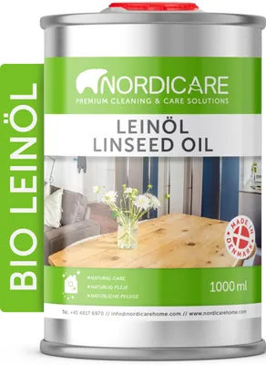 Produktbild von Nordicare Leinöl [1L] für Holz zum Holzschutz I Leinöl Firnis Holzöl für Innen I Leinöl für Möbel Holz Öl, Leinenöl Holz