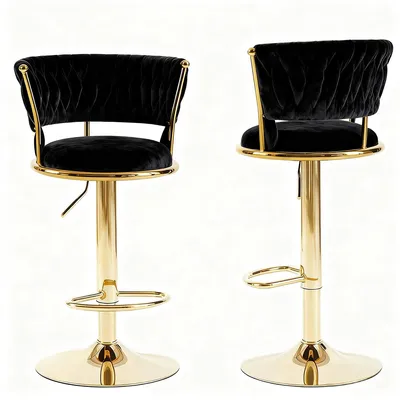 Produktbild von 2er Set Barhocker aus Samt mit Lehne, 360° Drehbar, Höhenverstellbar, Barstuhl für Küche & Hausbar, Schwarz